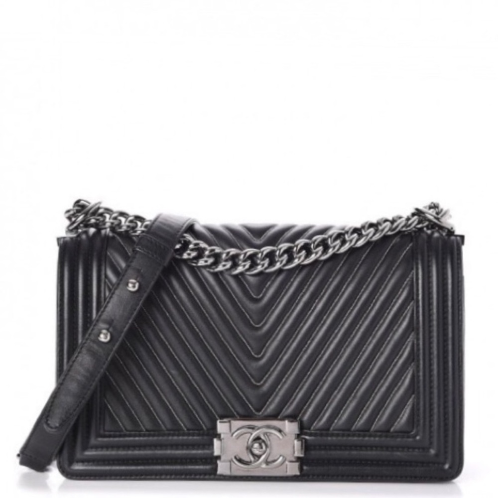Authentic Chanel boy bag black chevron medium